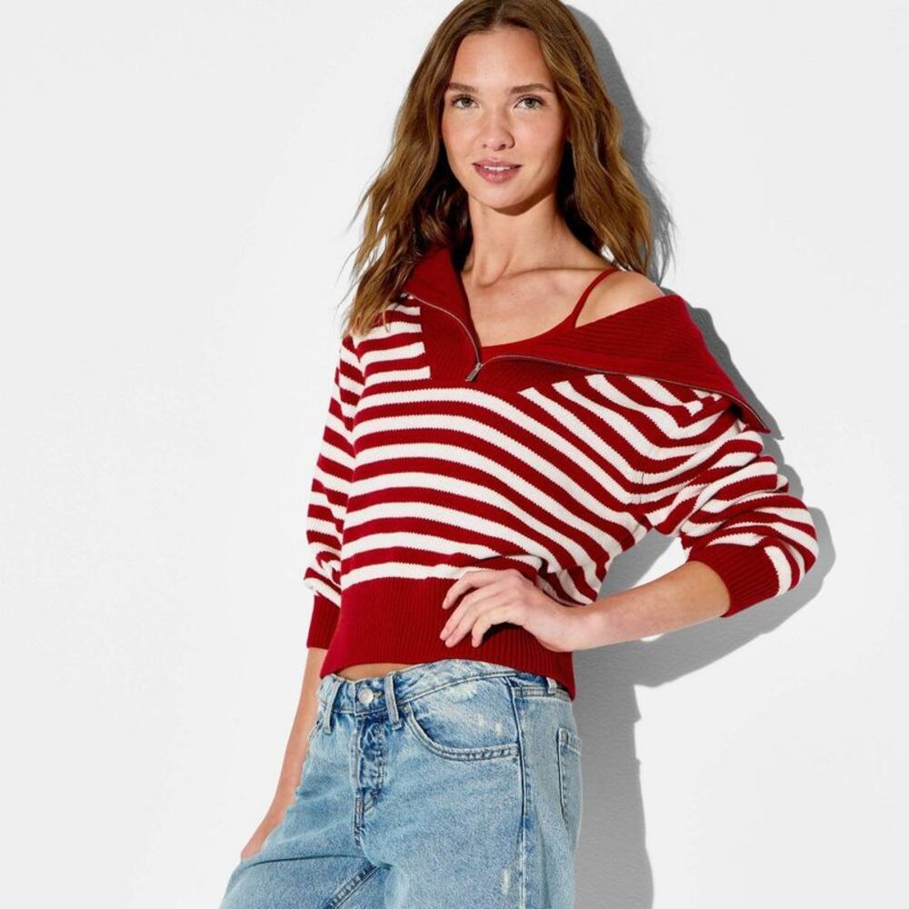 Women's Long Sleeve Quarter Zip Polo Sweater - Wild Fable Dark Red Striped XXS